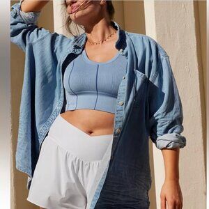 Aerie OFFLINE Oversized Crinkle Denim Button Down Shirt | Size XS | Soft Chambra